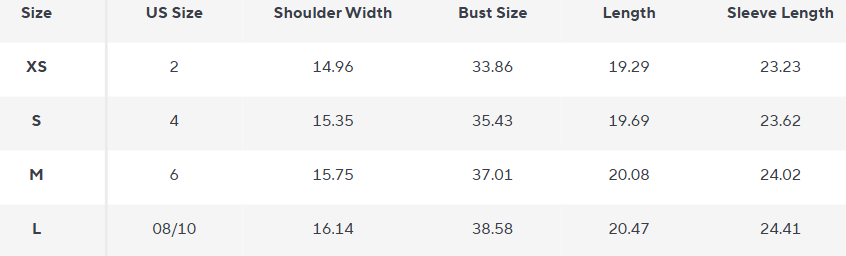 Texturierte Kurze Jacke | Strukturierter Kragen | Vibrantes Finish - Size Chart