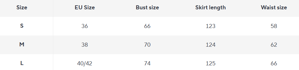 Glanzstück Ruffle Satin Maxi Kleid | Spaghetti Träger, Wasserfall Vorderseite, Saum mit Zug - Size Chart