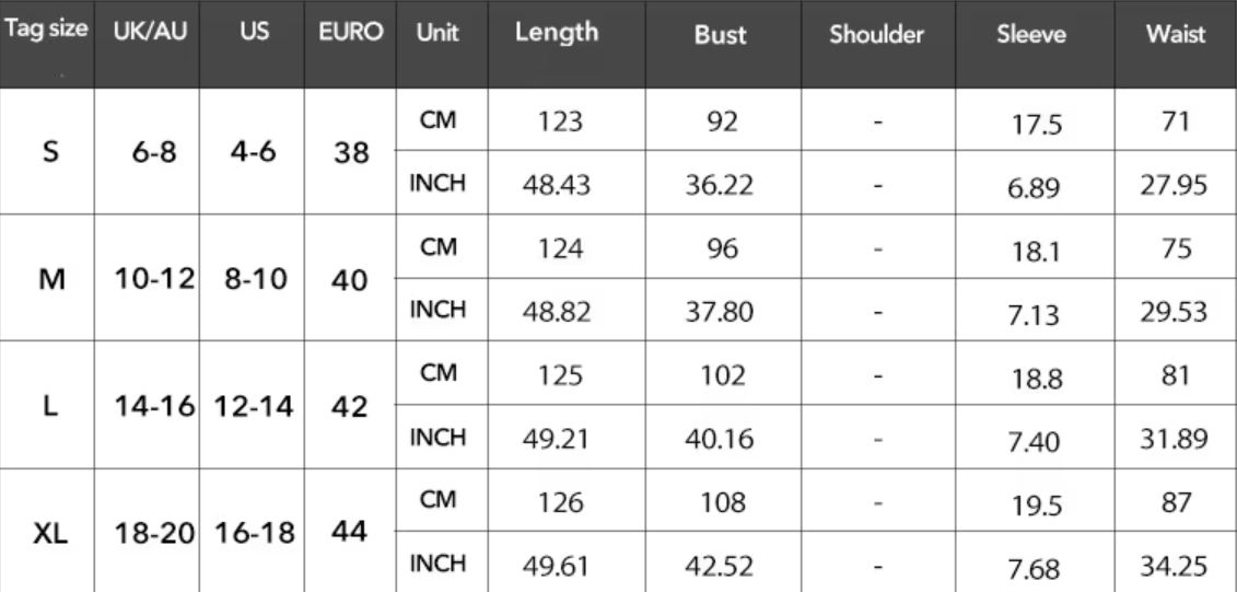 Empire Maxi Kleid | Quadratischer Ausschnitt mit Puffärmeln - Size Chart