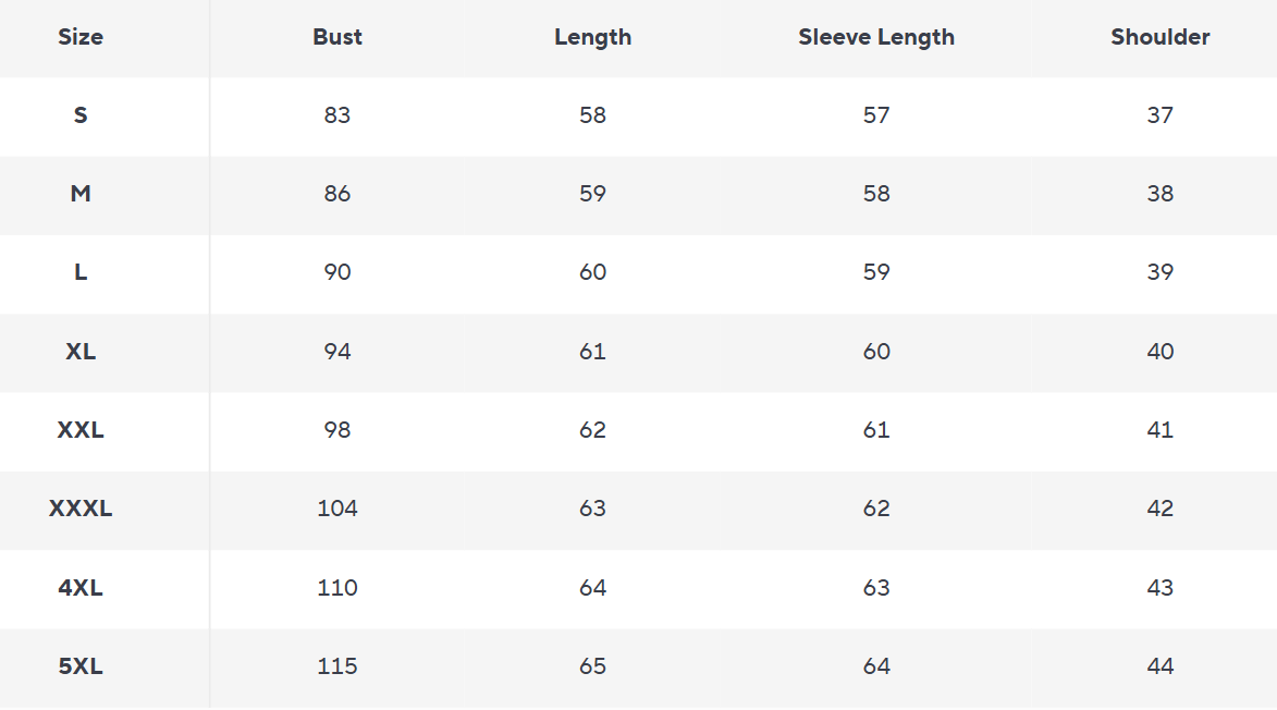 Daunen Pufferjacke | Leicht mit Kapuze - Size Chart