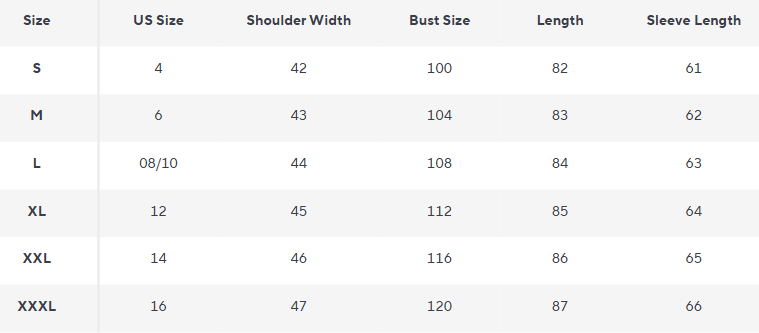 Winter Parka Mantel | Faux Fur Kapuze | Fleece-Futter - Size Chart