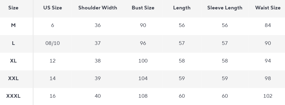 Gequiltete Jacke | Einreihig | Leichtgewichtige Oberbekleidung - Size Chart