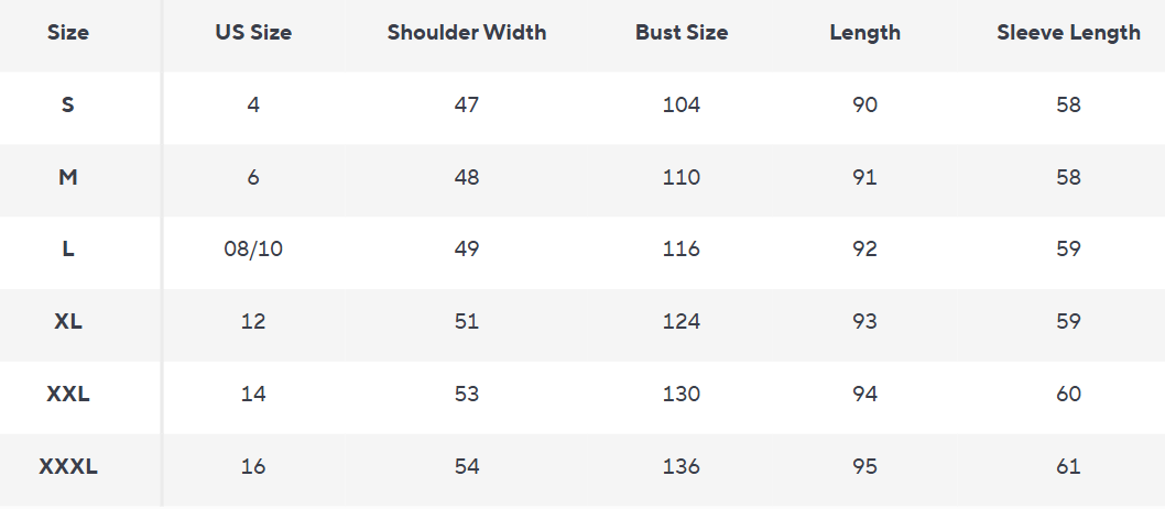 Damen Regenjacke mit Kapuze | Wasserabweisender langer Mantel | Leichter Schnitt - Size Chart
