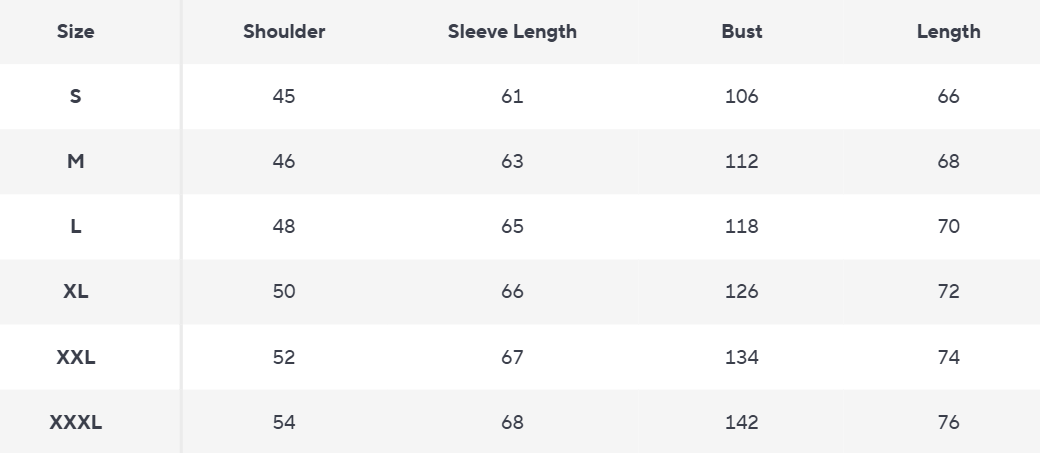 Leichtgewicht Pufferjacke | Stehkragen | Gequiltet Polyester - Size Chart