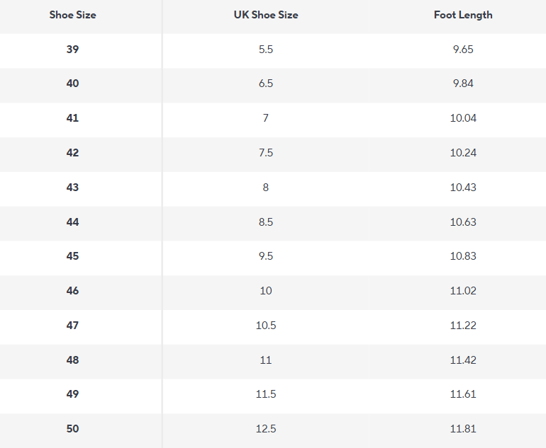 Oxford Schuhe | Matte Kunstleder | Grundlinie Kollektion - Size Chart
