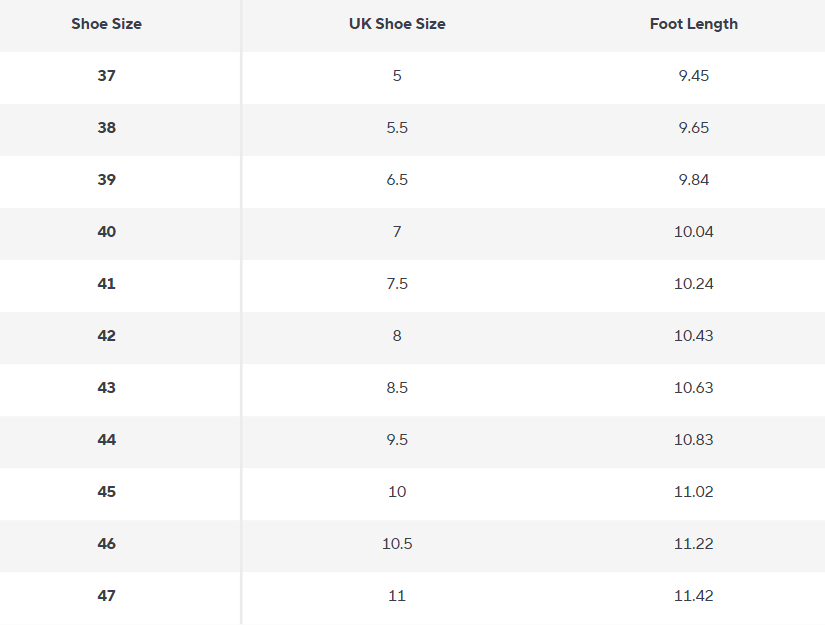 Oxford Schuhe | Echtes Rindsleder | Grundlinie Kollektion - Size Chart