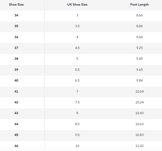 Brogue Oxford Schuhe | Poliertes PU Leder | Grundlinie Kollektion - Size Chart