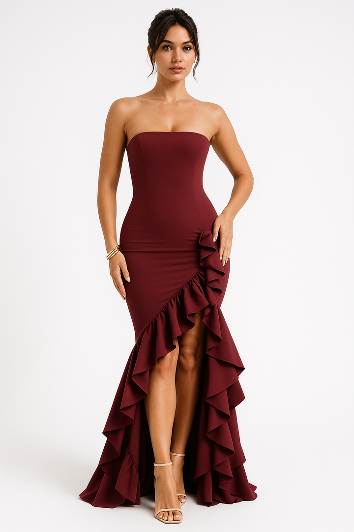 Strapless Ruffle Maxi Kleid | Hoher Schlitz und Bodycon Fit