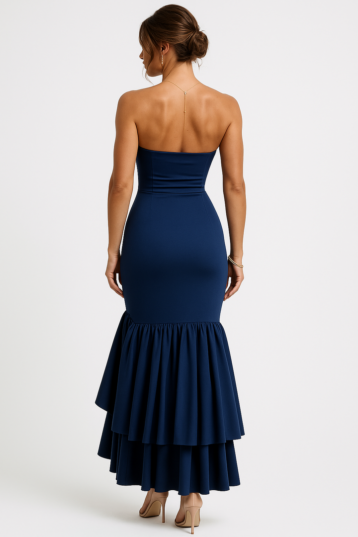 Strapless Ruffle Maxi Kleid | Hoher Schlitz und Bodycon Fit