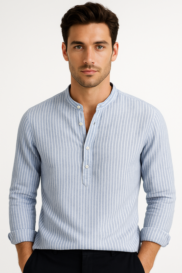 Gestreiftes Bandkragen Hemd | Baumwollmischung Langarm