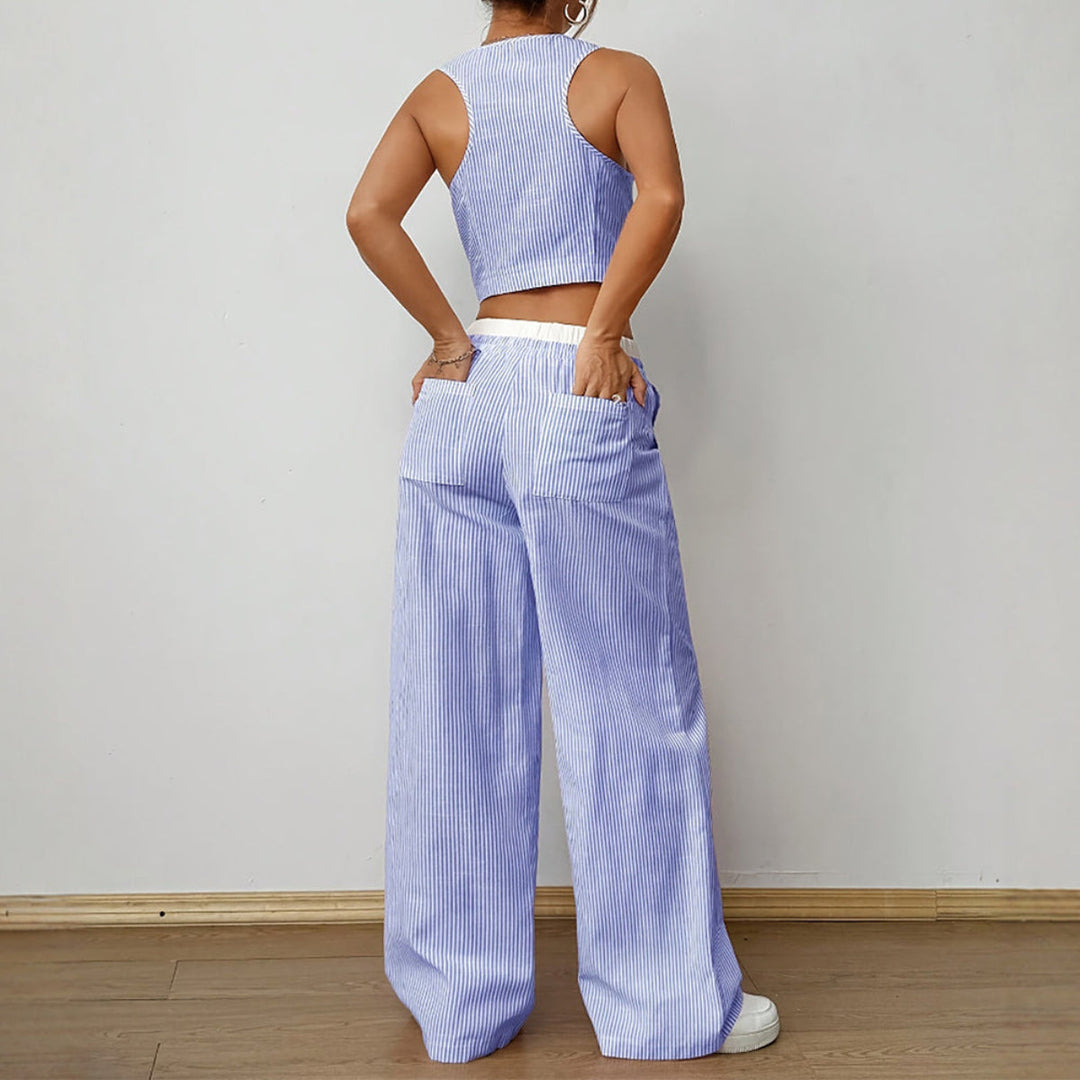 Gestreifte Ärmellose Weste und Weite Hosen Set | Sommer Resort