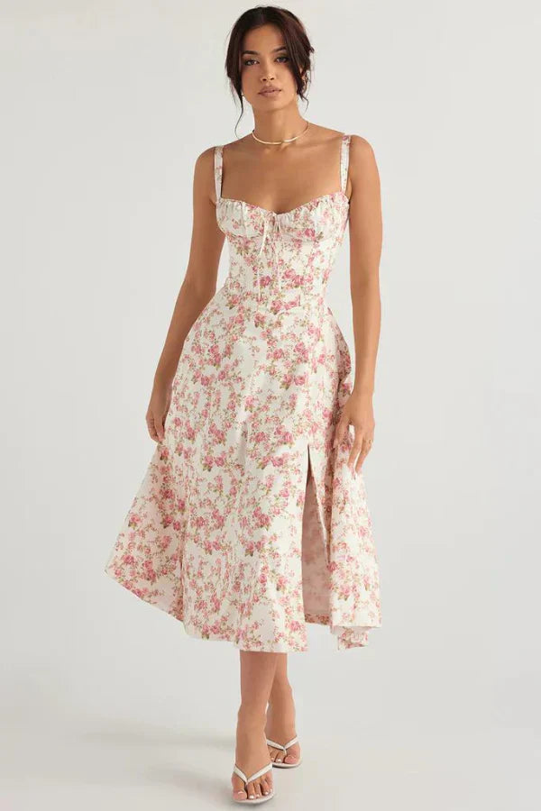 Kleid Lichtglanz Floral Corset Midi | Sweetheart Ausschnitt, Schlitzrock, Spaghetti-Träger