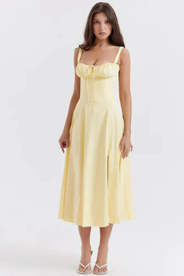Kleid Lichtglanz Floral Corset Midi | Sweetheart Ausschnitt, Schlitzrock, Spaghetti-Träger