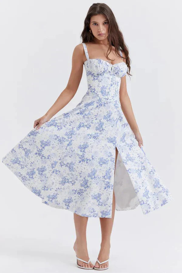 Kleid Lichtglanz Floral Corset Midi | Sweetheart Ausschnitt, Schlitzrock, Spaghetti-Träger