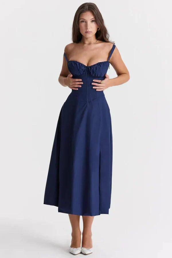 Kleid Lichtglanz Floral Corset Midi | Sweetheart Ausschnitt, Schlitzrock, Spaghetti-Träger