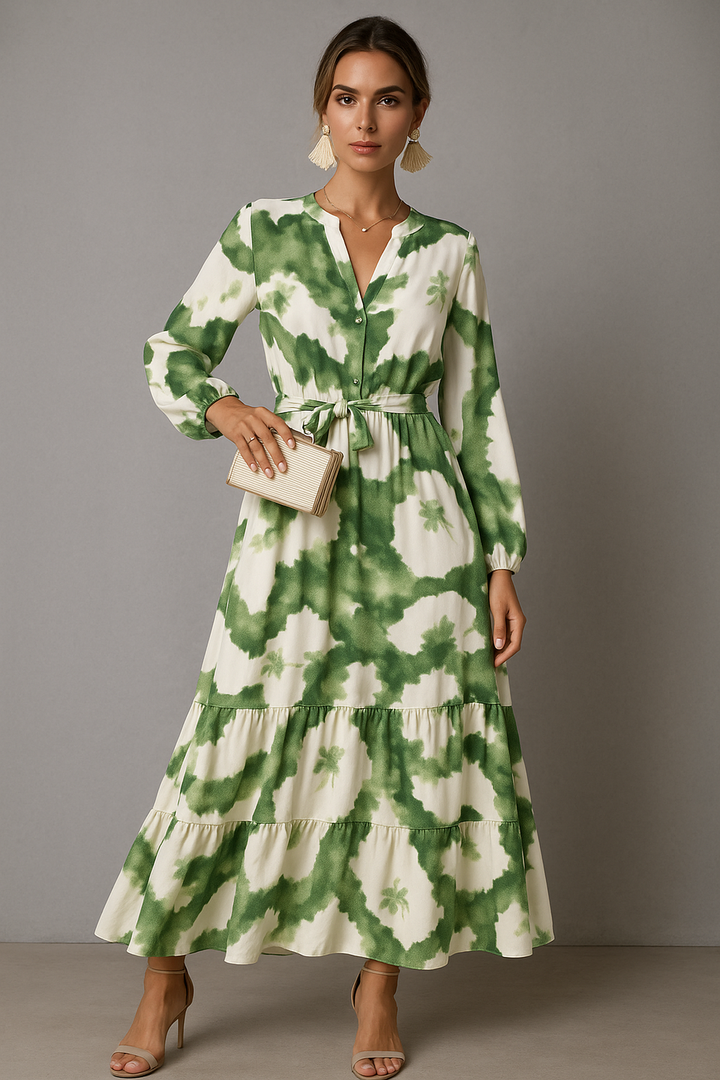 Maxikleid mit V-Ausschnitt | Stufenrock und Kordelzug-Taille