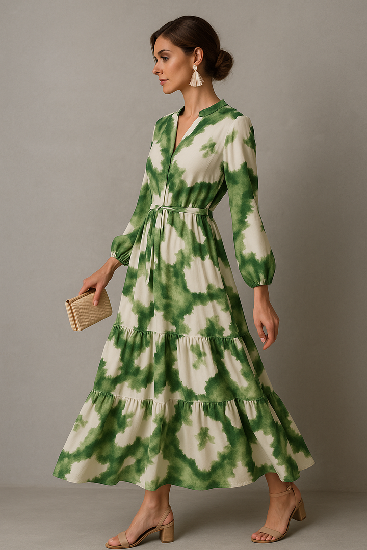 Maxikleid mit V-Ausschnitt | Stufenrock und Kordelzug-Taille