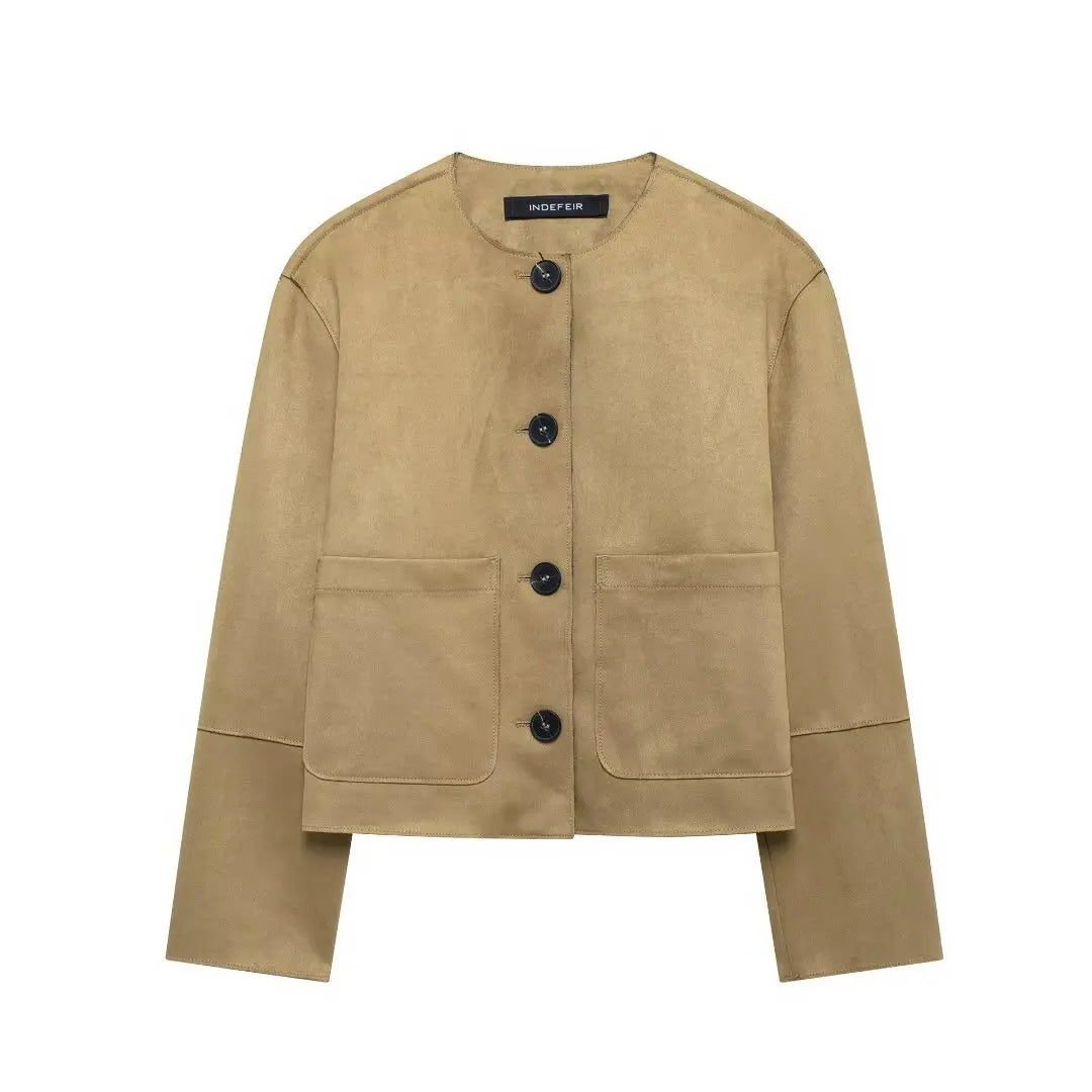 Cropped Suede Jacke | Knopf Vorderseite Minimalistisches Design