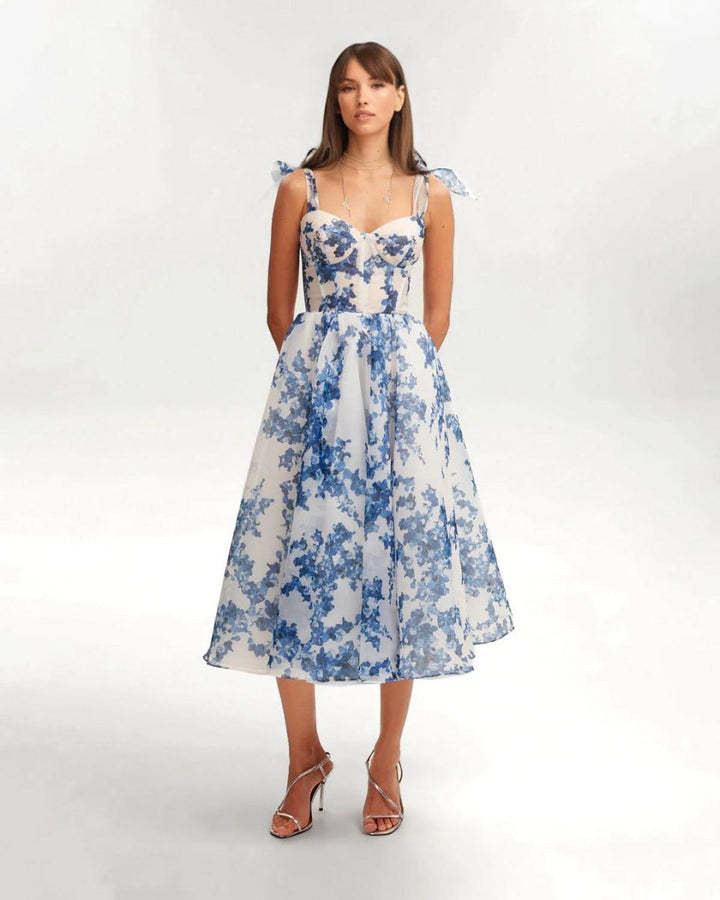 Floral Organza Midi Dress | Sweetheart Neck | Spaghetti Straps | Summer