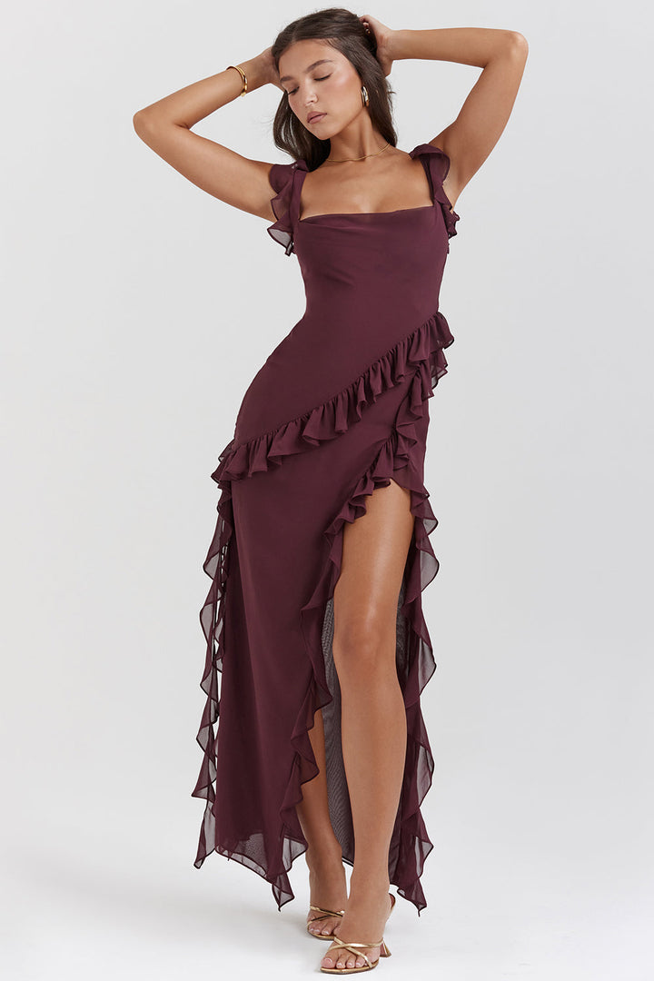Ruffle Split Maxi Dress | Quadratischer Ausschnitt, Aermellos, Drapierter Saum