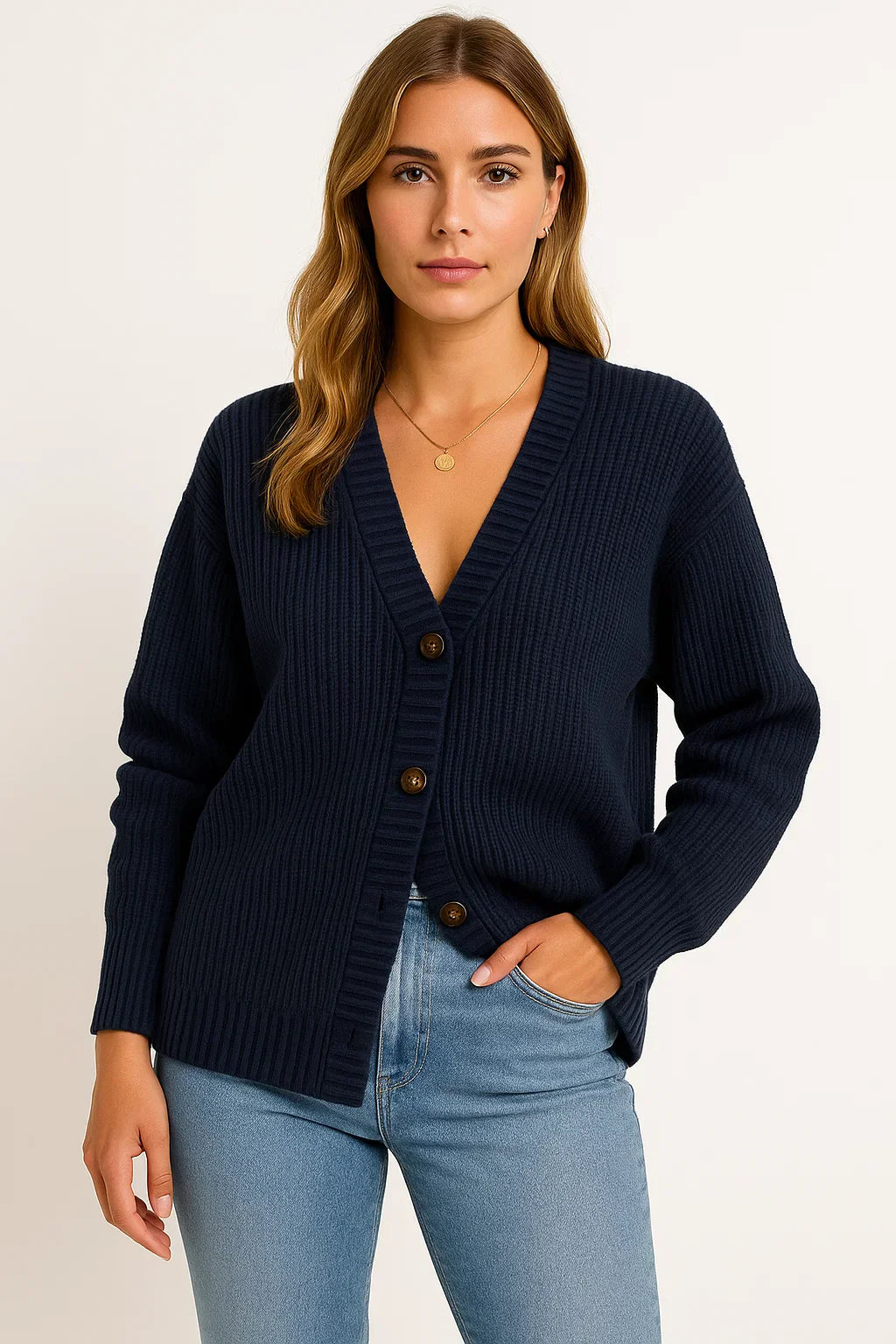 Knit Cardigan | Ribbed V-Neck Button Design