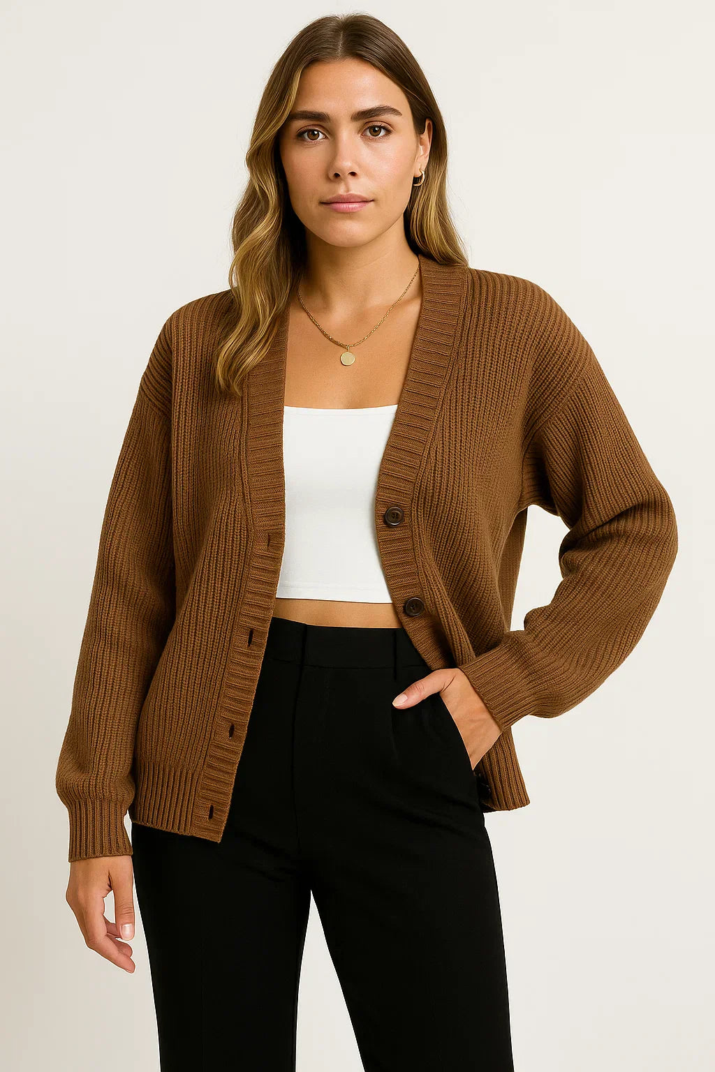 Knit Cardigan | Ribbed V-Neck Button Design