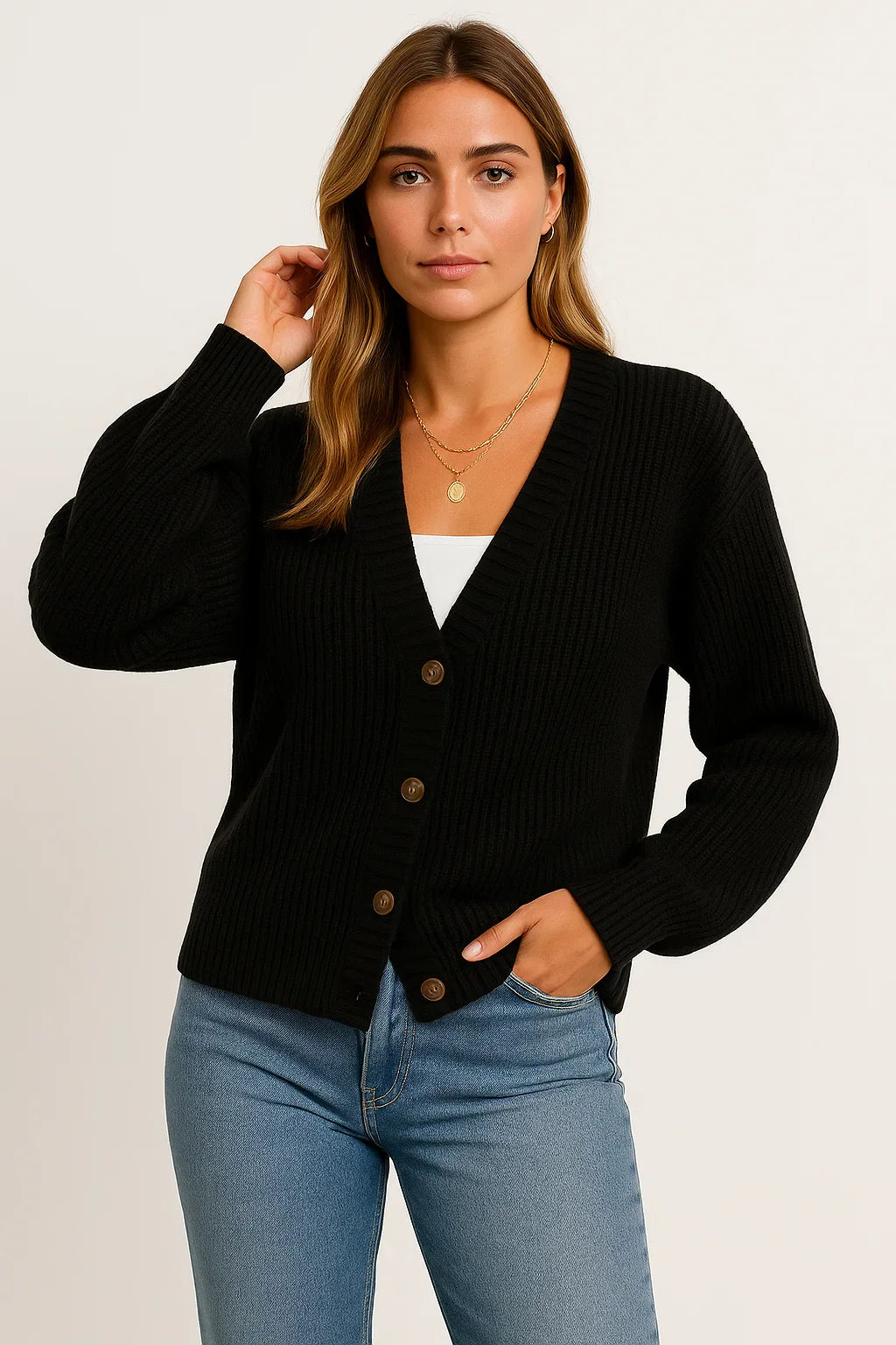 Knit Cardigan | Ribbed V-Neck Button Design