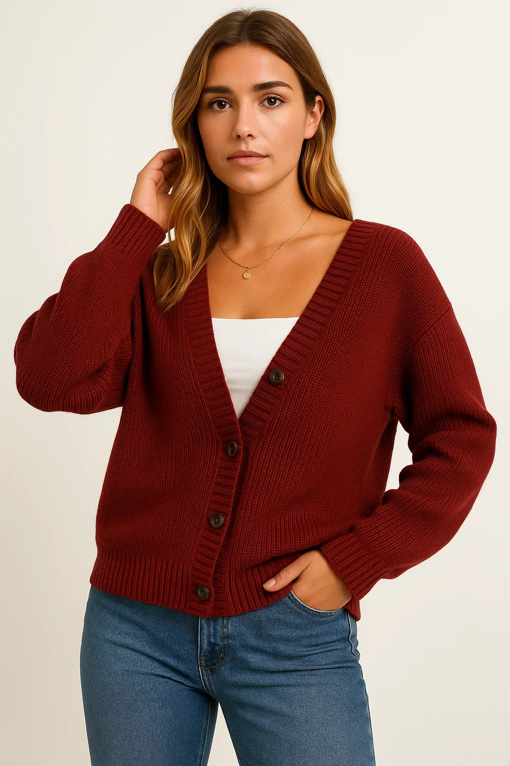 Knit Cardigan | Ribbed V-Neck Button Design