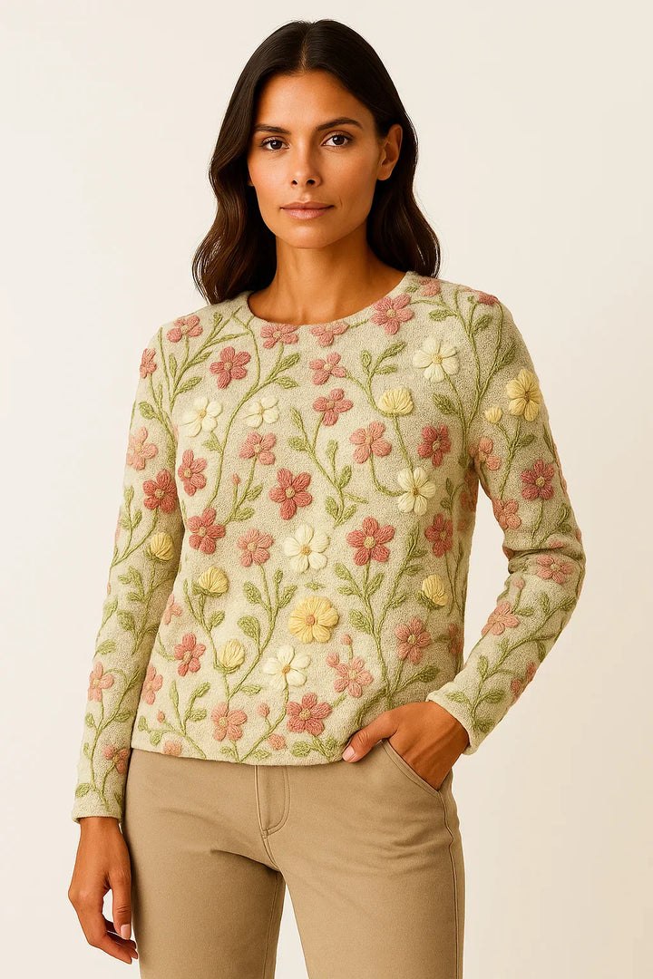 Blumenbestickter Pullover | Weicher Strick | Rundhalsausschnitt