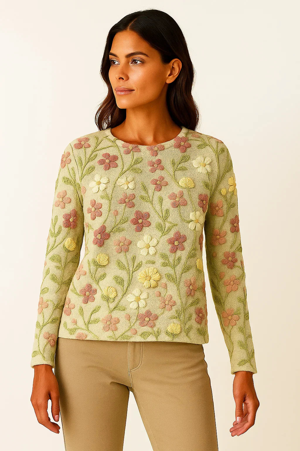 Blumenbestickter Pullover | Weicher Strick | Rundhalsausschnitt