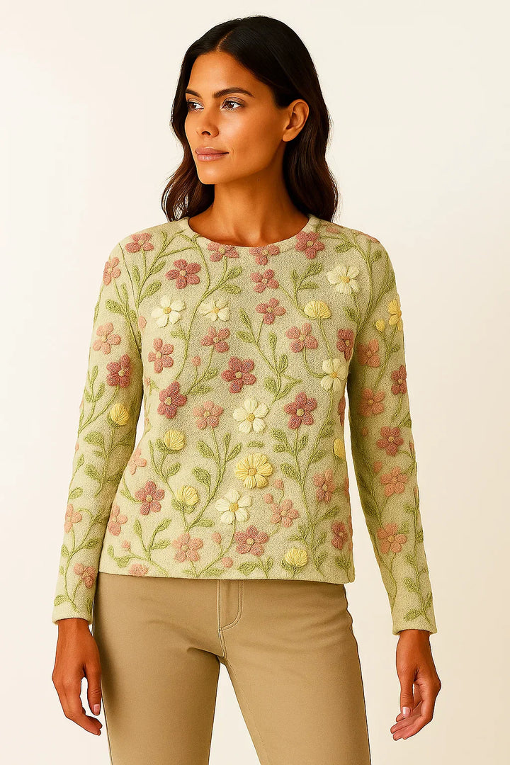 Blumenbestickter Pullover | Weicher Strick | Rundhalsausschnitt