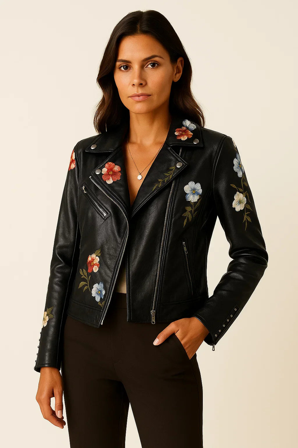 Gestickte Kunstleder Bikerjacke | Reißverschluss | Taillierte Passform