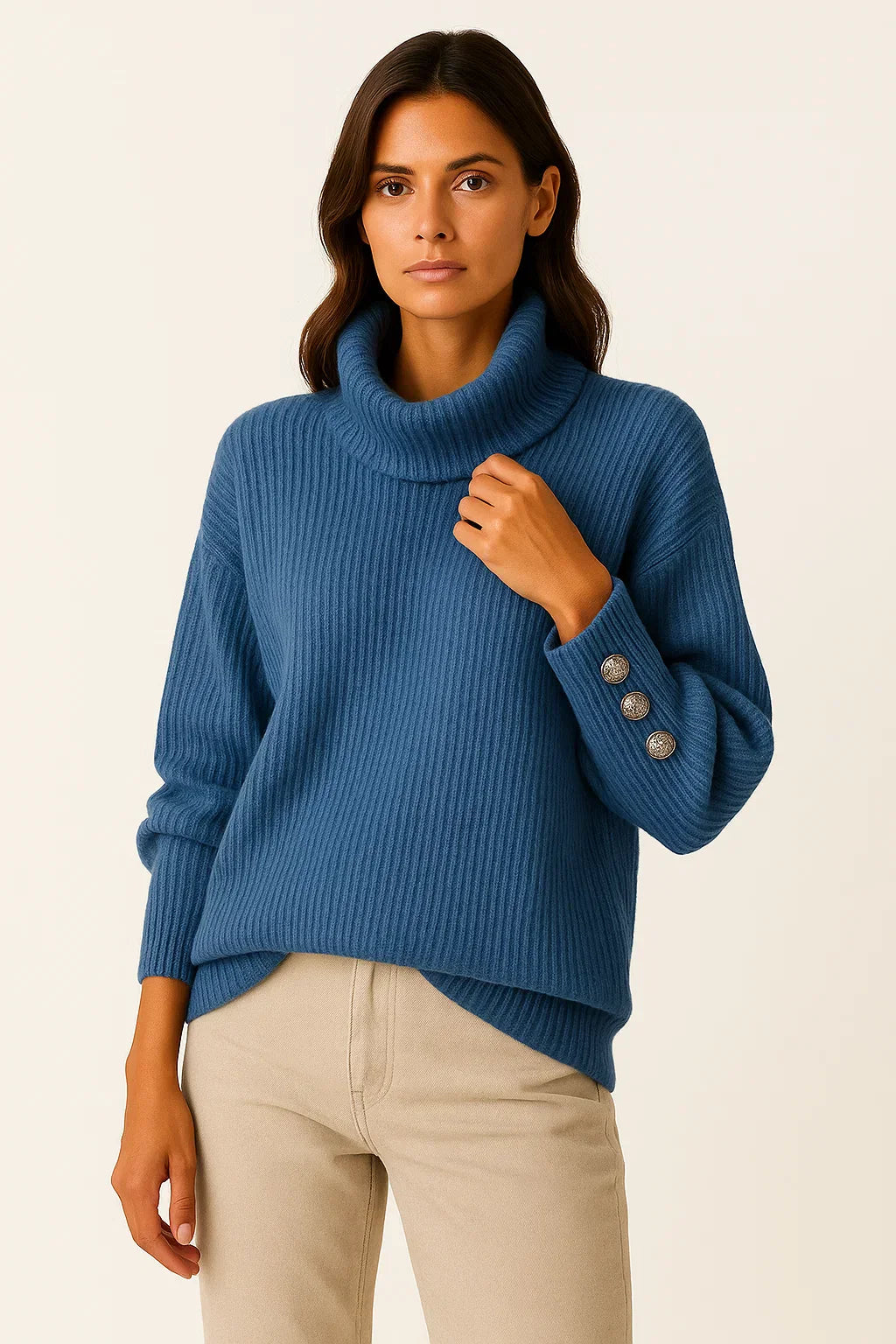 Gerippter Rollkragenpullover | Knopf Detail | Relaxed Fit