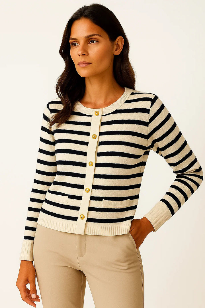Gestreifter Knopf Cardigan | Weiches Strick | Gold Akzent Details