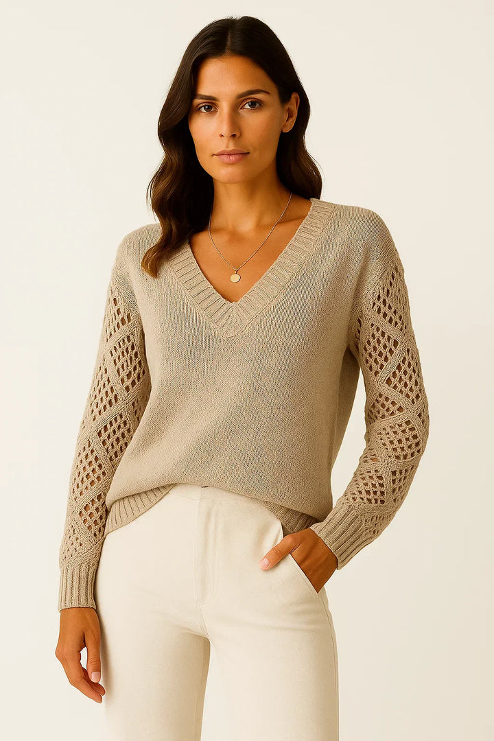 Offene Strick V-Ausschnitt Pullover | Leichte Baumwollmischung | Lockere Passform