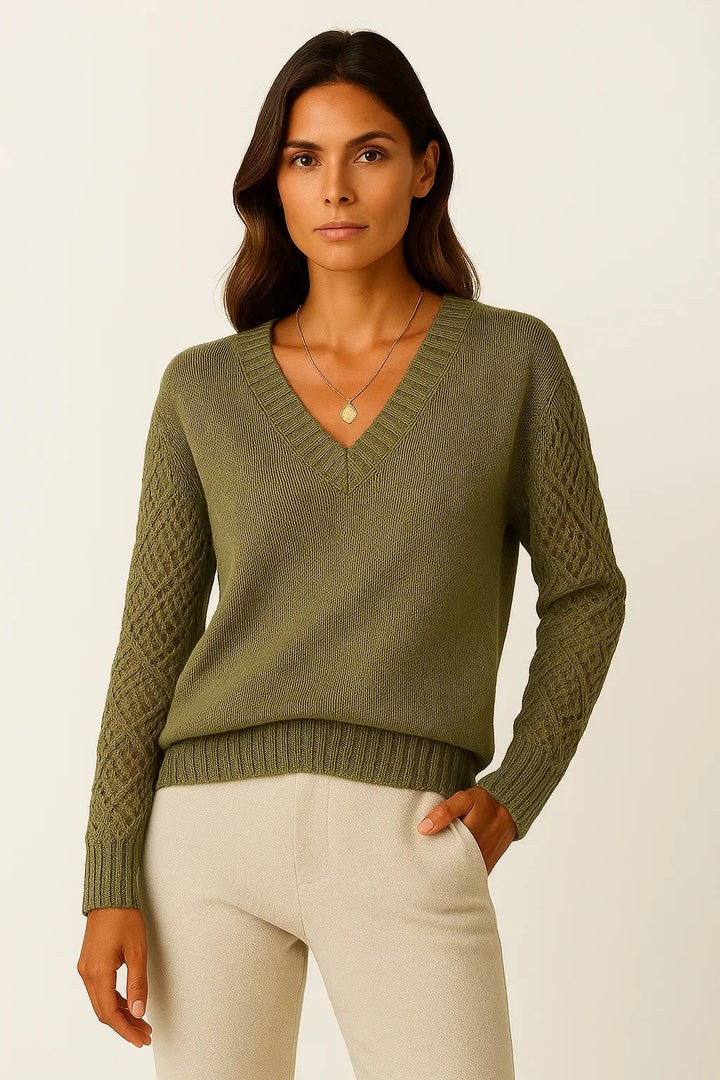 Offene Strick V-Ausschnitt Pullover | Leichte Baumwollmischung | Lockere Passform