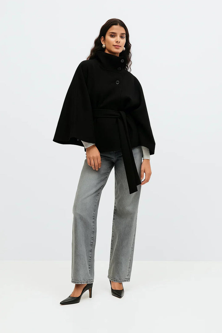 Cape Jacke mit Gürtel | Stehkragen | Herbst Winter Lagenlook