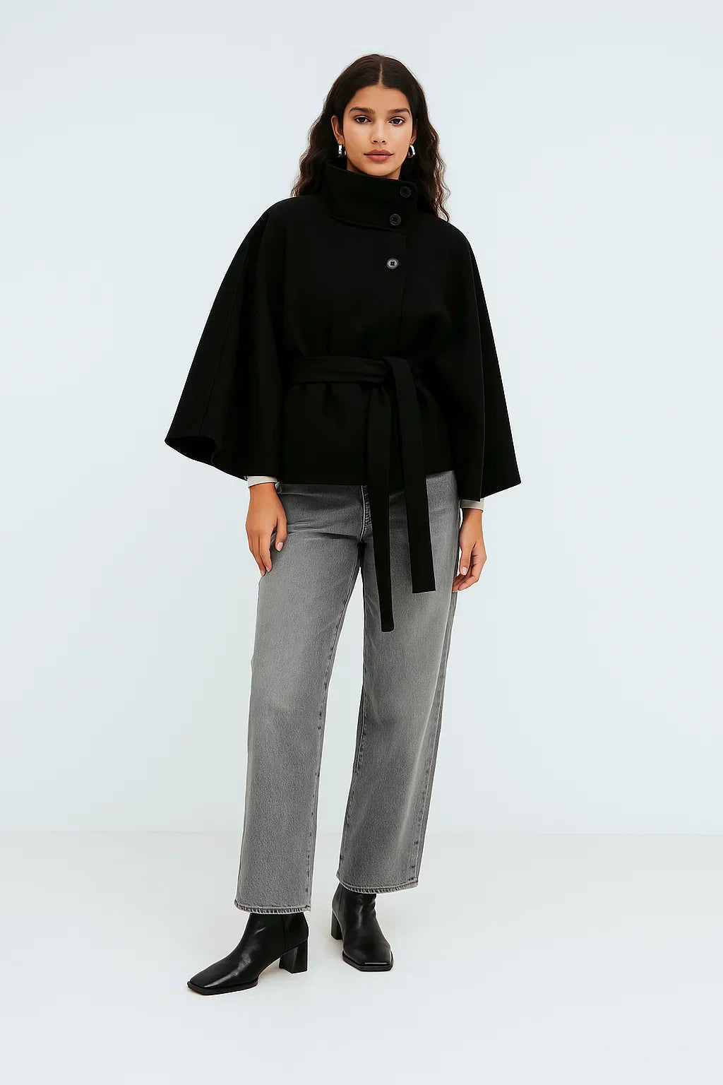 Cape Jacke mit Gürtel | Stehkragen | Herbst Winter Lagenlook