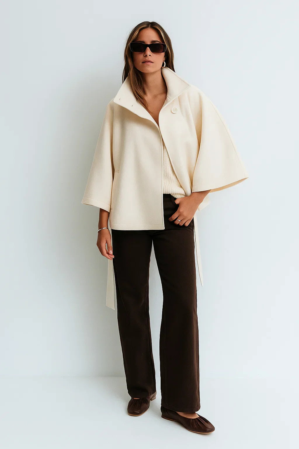 Cape Jacke mit Gürtel | Stehkragen | Herbst Winter Lagenlook