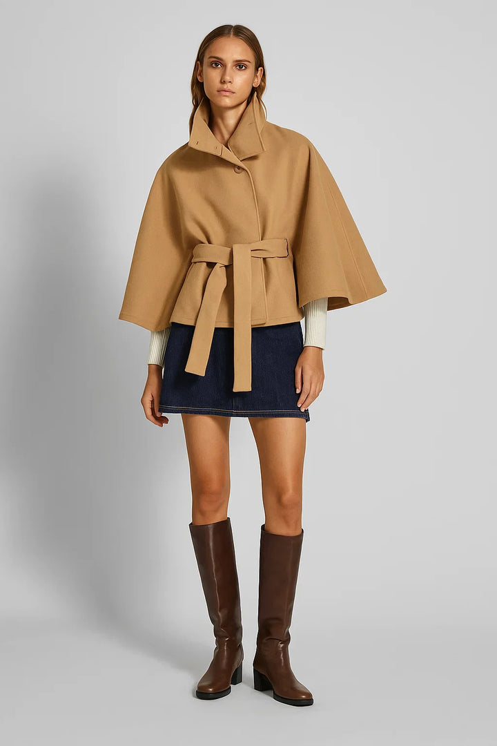 Cape Jacke mit Gürtel | Stehkragen | Herbst Winter Lagenlook