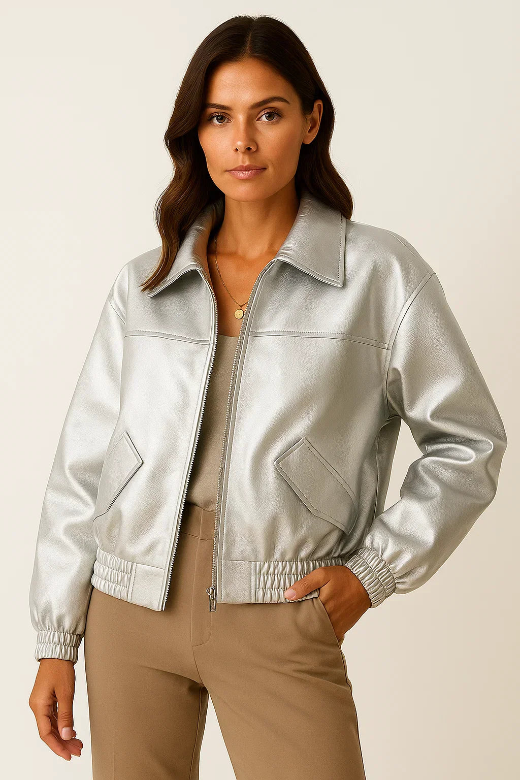 Faux Leder Reißverschlussjacke | Relaxed Fit Kurzer Mantel