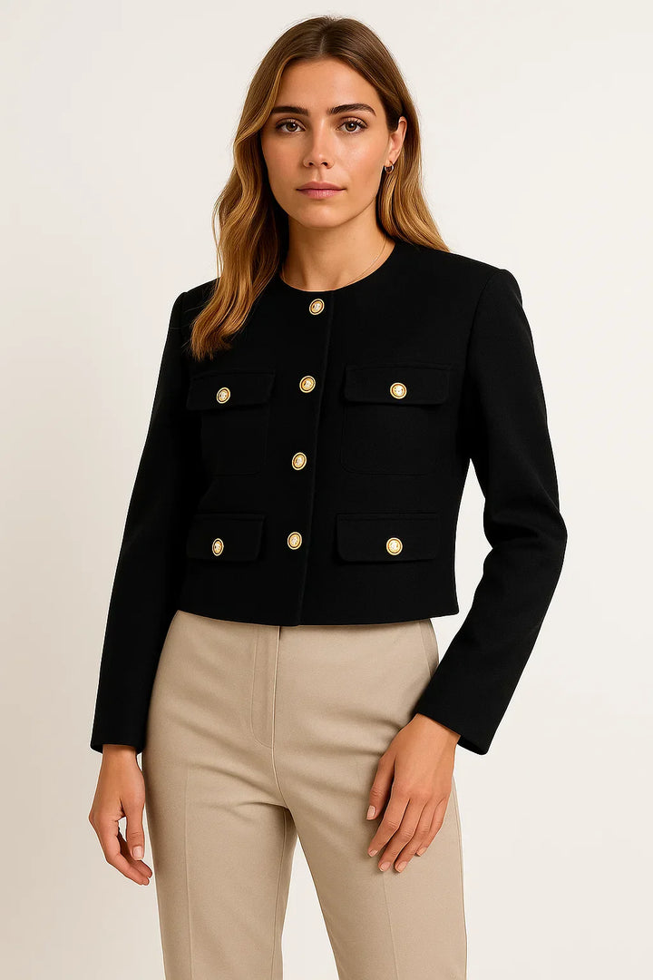 Cropped Jacke | Gold Knopf Detail | Strukturierter Polyester-Mix