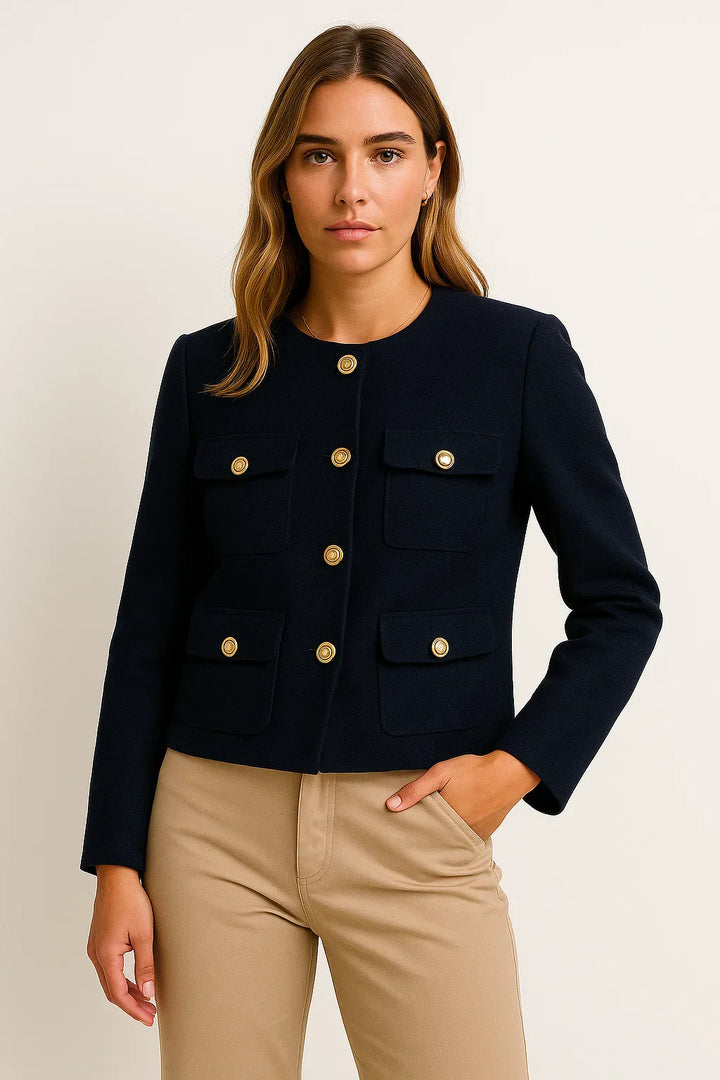 Cropped Jacke | Gold Knopf Detail | Strukturierter Polyester-Mix