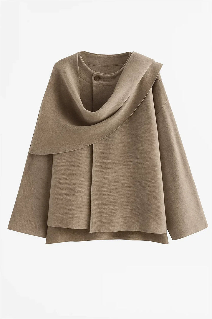 Asymmetrischer Drapierter Wollmantel | Schalkragen Design