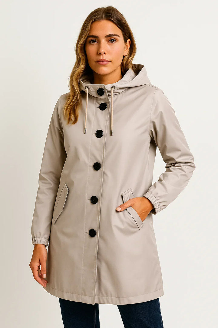 Damen Regenjacke mit Kapuze | Wasserabweisender langer Mantel | Leichter Schnitt