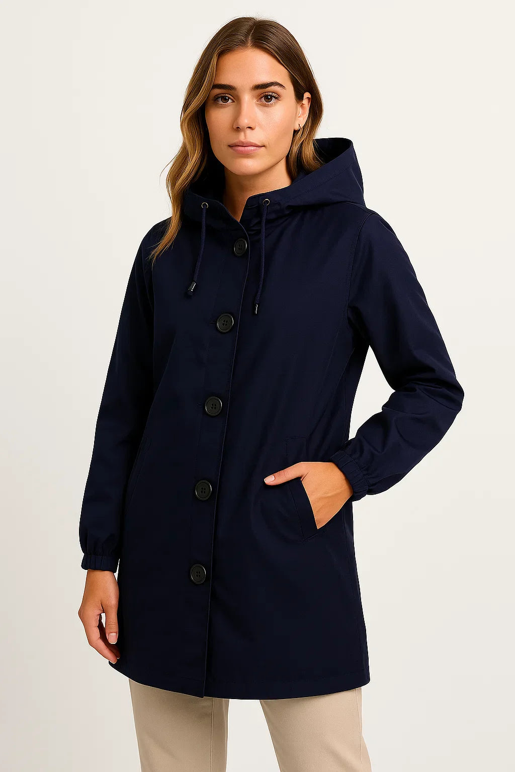 Damen Regenjacke mit Kapuze | Wasserabweisender langer Mantel | Leichter Schnitt