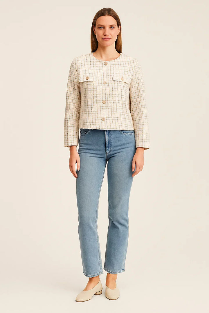 Tweed Jacke | Beige | Gold Knopf Detail | Refinierte Textur