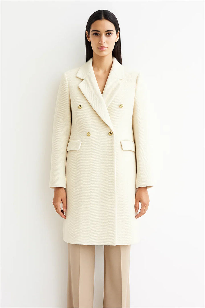 Langer Wollmix Mantel | Chevron Gewebe | Doppelreihige Goldene Knöpfe