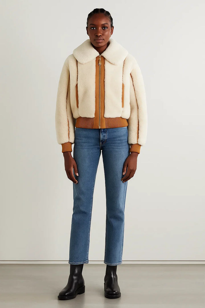 Fleece Bomberjacke | Kontrastbesatz | Umgeschlagener Kragen