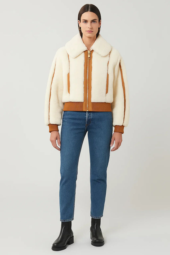 Fleece Bomberjacke | Kontrastbesatz | Umgeschlagener Kragen